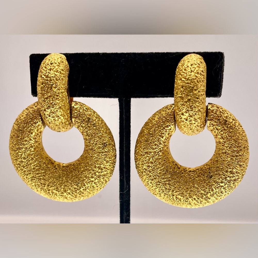 Rare Vintage 1970s Signed Kenneth Lane Gold Tone Blast Finish Clip On Earrings